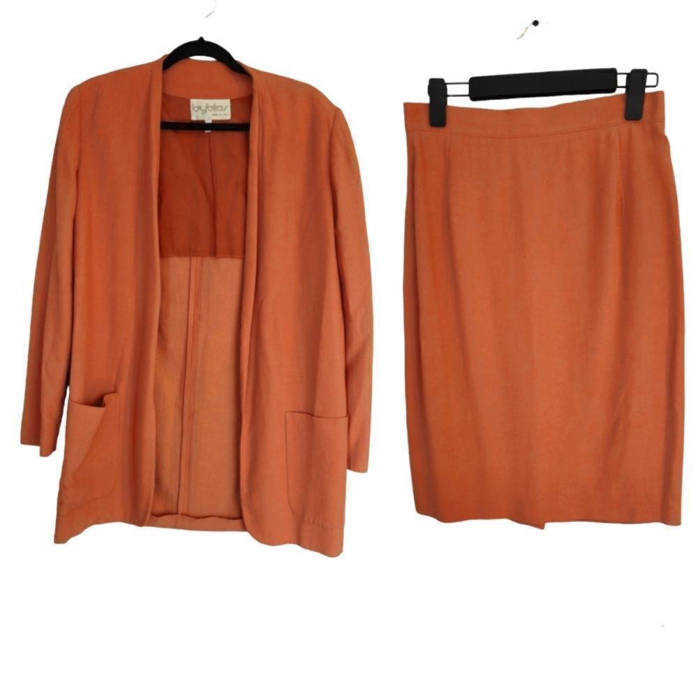 Vintage Byblos Italian Burnt Orange Tailored Open Front '80s Skirt Suit Set 44/8